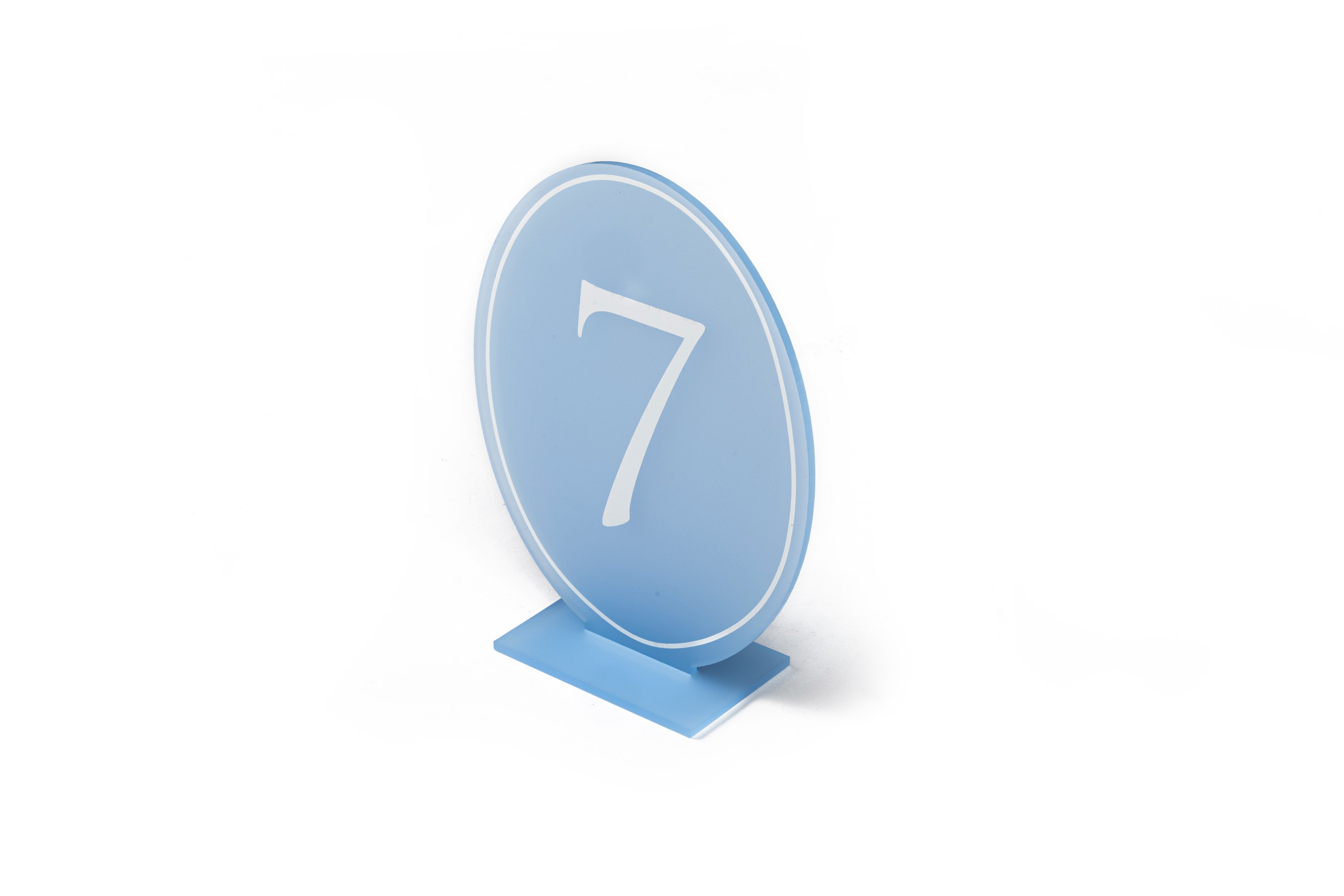 White Print on Blue Frosted Acrylic oval Table Numbers