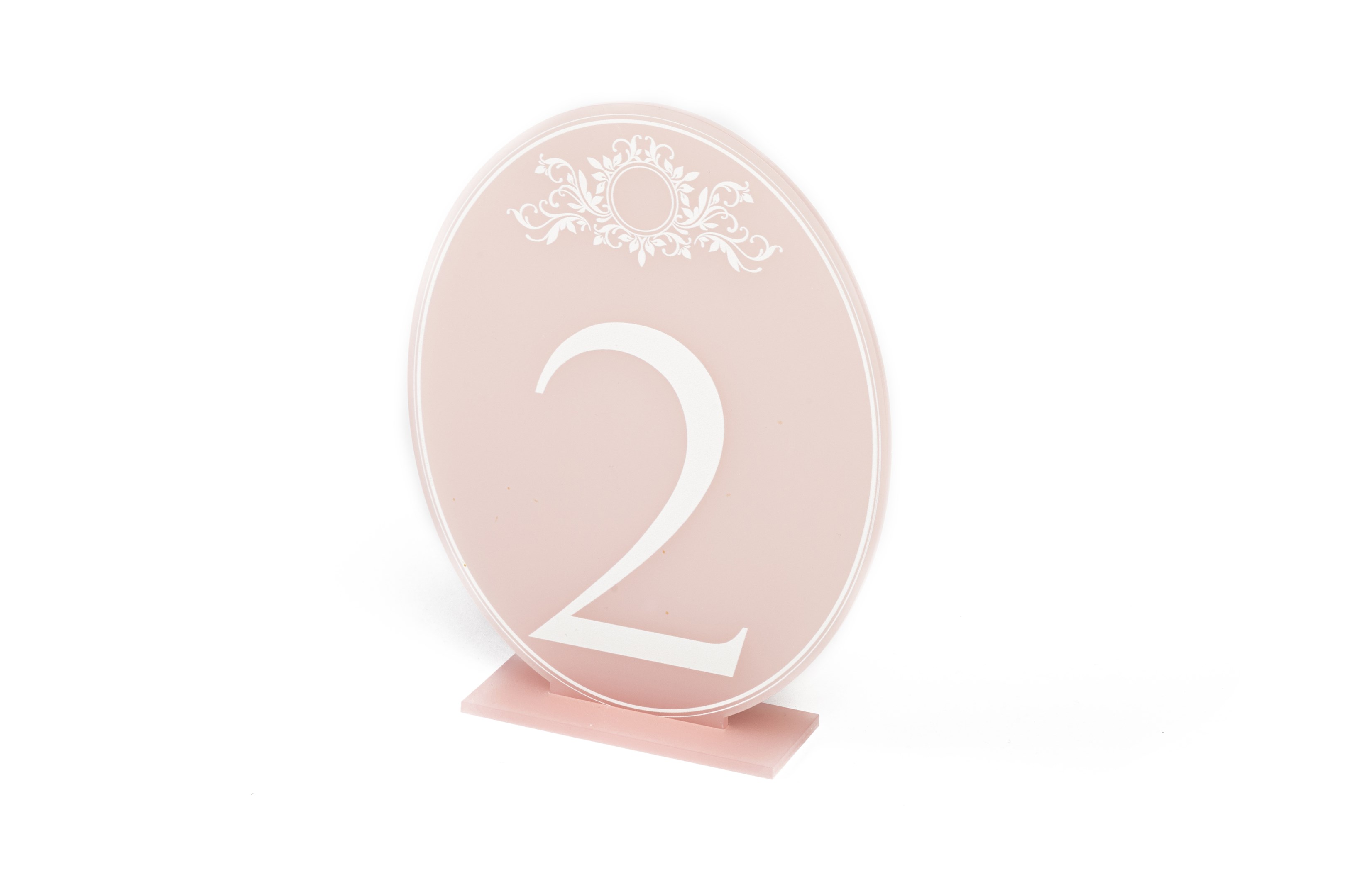 White Print on Frosted Pale Pink Acrylic Oval Table Numbers